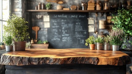 Fototapete - Rustic wooden tabletop displayed in a bright school classroom against a blackboard The empty countertop is perfect for product presentations providing a mockup setting for innovative design ideas
