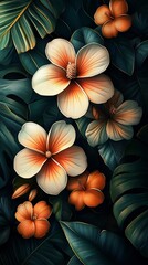 Aufkleber - Seamless pattern featuring lush tropical flowers intertwined dark moody green banana and palm leaves rendered in a handdrawn style creating a glamorous vintage 3D illustration for luxury wallpaper
