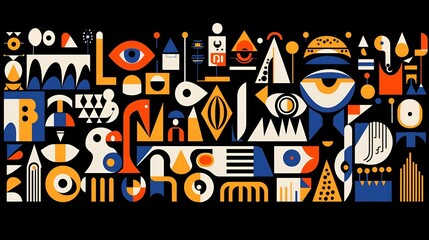 Poster - Geometric Communication Icons, a vibrant assembly of diverse communication symbols arranged in an intriguing pattern, showcasing connectivity and interaction.