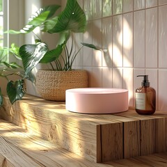 Poster - Serene bathroom atmosphere with a rustic wooden countertop and a pastel pink podium showcasing a beauty product in a mockup highlighted by the gentle glow of sunlight from the window