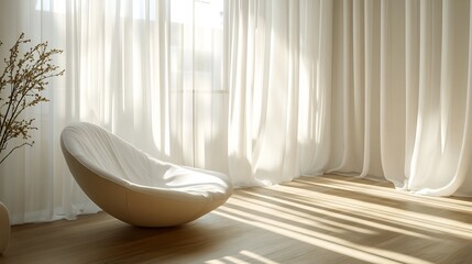 Poster - Serene modern white apartment bathed in the soft glow of morning sunlight as it filters through sheer curtains creating a warm ambiance perfect for interior design and product photography