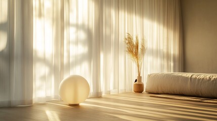 Poster - Serene modern white apartment bathed in the soft glow of morning sunlight as it filters through sheer curtains creating a warm ambiance perfect for interior design and product photography