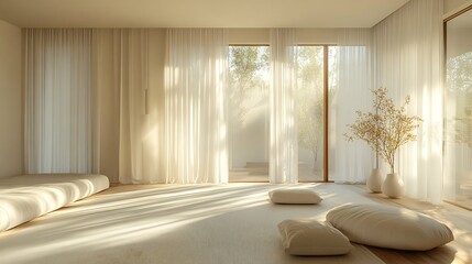 Fototapete - Serene modern white apartment bathed in the soft glow of morning sunlight as it filters through sheer curtains creating a warm ambiance perfect for interior design and product photography