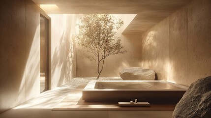 Poster - Sunlit minimalist bathroom with indoor tree and stone.