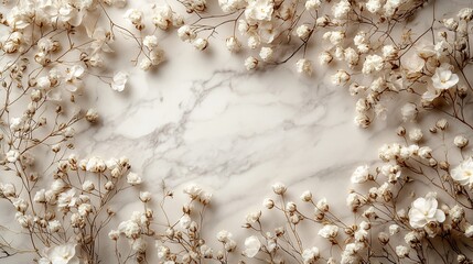 Poster - Serene top view of a white marble background adorned with delicate dry white flowers creating a harmonious blend of natural elegance and minimalism emphasizing the empty space for design