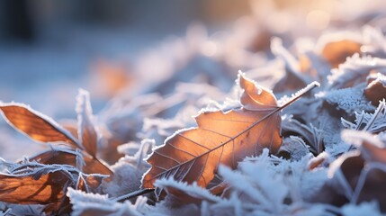 Poster - Macro shot of delicate frost covered leaves on a chilly autumn morning  The intricate patterns and textures created by the ice crystals on the natural foliage create a captivating and serene scene