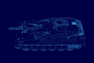 Poster - Blue drawing of a tank. The tank is shown in a very detailed and realistic way, with every part of it clearly visible. Scene is one of awe and admiration