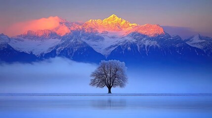 Sticker - Majestic winter mountain landscape with a lone tree reflecting on a frozen lake at sunrise.