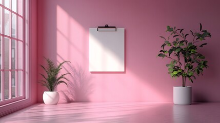 Poster - Sleek 3D render of a white clipboard placed on a soft pink minimalistic background with clean lines and a modern design creating a simple yet visually appealing composition