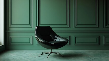 Fototapete - Sleek black chair sits in an empty green room with classic wall panel frames The dark modern luxury design of the studio space highlights the contrast between the bold colors and elegant setup