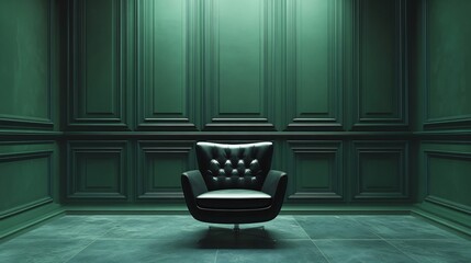 Fototapete - Sleek black chair sits in an empty green room with classic wall panel frames The dark modern luxury design of the studio space highlights the contrast between the bold colors and elegant setup