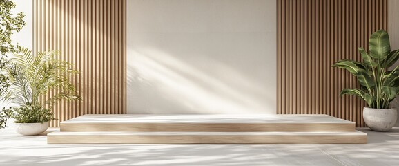 Aufkleber - Minimalist wooden platform with plants.