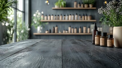 Fototapete - Sleek black wooden table top in a bright beauty salon creating an inviting space The empty surface is perfect for showcasing highend cosmetic products in a contemporary studio atmosphere