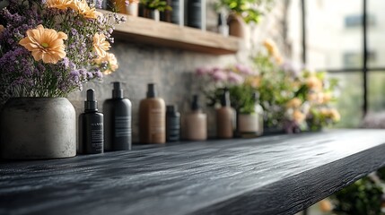 Fototapete - Sleek black wooden table top in a bright beauty salon creating an inviting space The empty surface is perfect for showcasing highend cosmetic products in a contemporary studio atmosphere