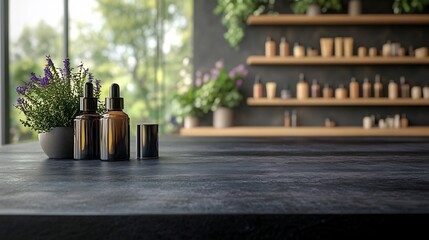 Fototapete - Sleek black wooden table top in a bright beauty salon creating an inviting space The empty surface is perfect for showcasing highend cosmetic products in a contemporary studio atmosphere