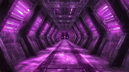 Poster - Futuristic purple lit spaceship corridor.