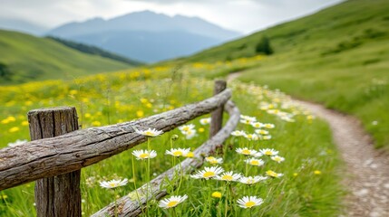 Wall Mural - A wooden fence in a field of daisies next to a dirt road