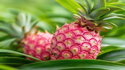 Wall Mural - A close up of two pink pineapples on a plant with green leaves