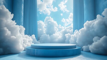 Fototapete - Sleek blue 3D podium with billowing clouds in the background Perfect platform for showcasing luxury products in a spacious modern studio with a clean and minimalistic vibe
