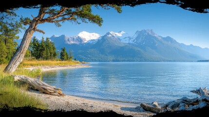 Wall Mural - A view of a lake with mountains in the background