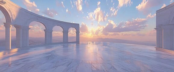 Canvas Print - Serene sunset view from a classical colonnade overlooking a calm ocean.