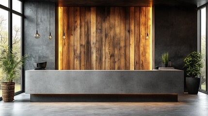 Poster - Sleek concrete countertop positioned in front of rustic wooden wall panels with vertical slats This modern studio interior provides an ideal aesthetic for showcasing products in an elegant setting