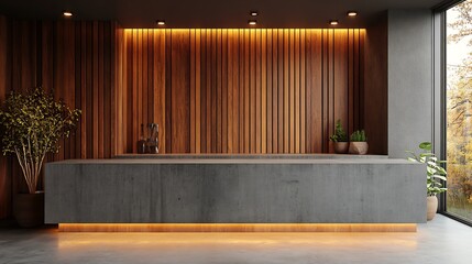 Poster - Sleek concrete countertop positioned in front of rustic wooden wall panels with vertical slats This modern studio interior provides an ideal aesthetic for showcasing products in an elegant setting