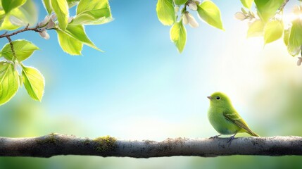 Wall Mural - A small green bird sitting on a tree branch