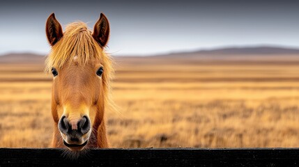 Wall Mural - A brown horse looking over a fence in a field