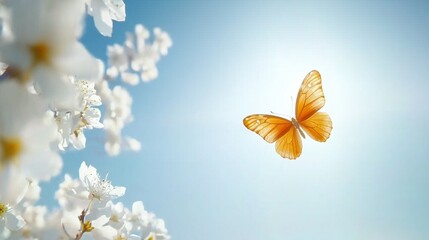 Wall Mural - A butterfly flying over a white flower on a sunny day