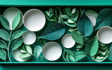 Poster - Green paper leaves and white circles in a teal box.