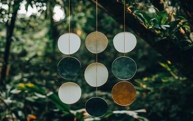 Aufkleber - Hanging circular decorations in a lush green forest.