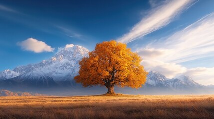 Wall Mural - A lone tree in the middle of a field with mountains in the background