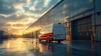 Poster - Sleek modern cargo van parked outside a large warehouse showcasing its streamlined design and vibrant branding with sunlight reflecting off the van's surface against an industrial backdrop