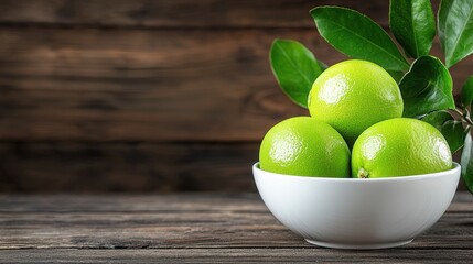 Wall Mural - Three limes in a white bowl on a wooden table