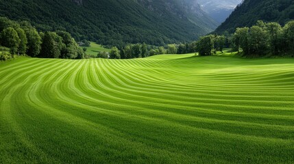 Wall Mural - A field of green grass with mountains in the background