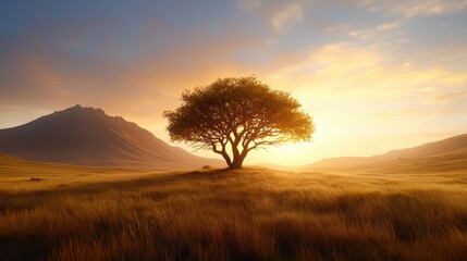 Wall Mural - A lone tree in the middle of a grassy field at sunset