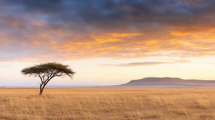 Wall Mural - A lone acacia tree stands alone in the middle of a grassy plain