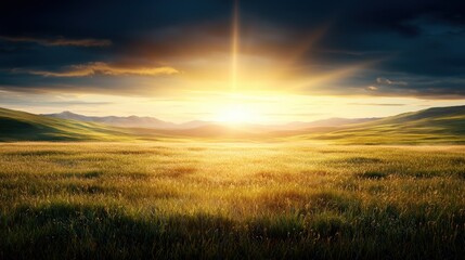 Wall Mural - A field of grass with the sun setting in the background