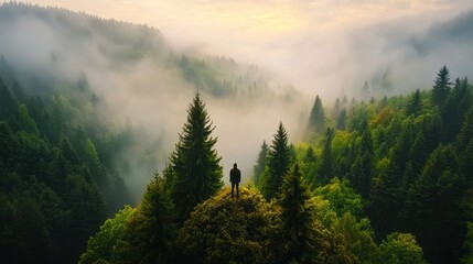 Wall Mural - A person standing on top of a hill in the middle of a forest