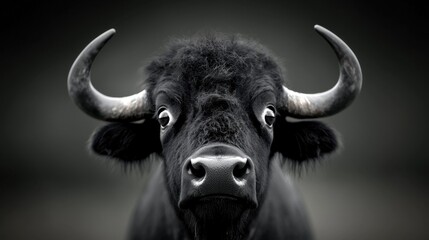 Wall Mural - A black and white photo of a bull with large horns