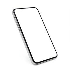 a sleek modern smartphone with a blank white screen, slightly tilted at an angled front view isolate