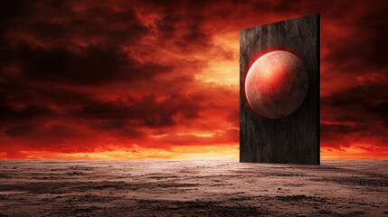 Wall Mural - An open door in the middle of a desert with a red moon in the sky