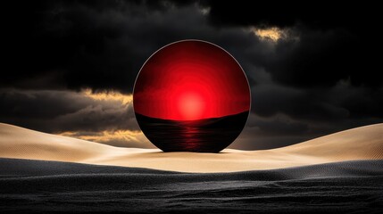 Wall Mural - A red sphere in the middle of a desert under a cloudy sky