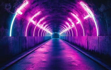 Aufkleber - Neon-lit tunnel, purple and blue glowing arcs, dark concrete walls, perspective.