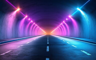 Poster - Neon-lit highway tunnel, vibrant colors, perspective.