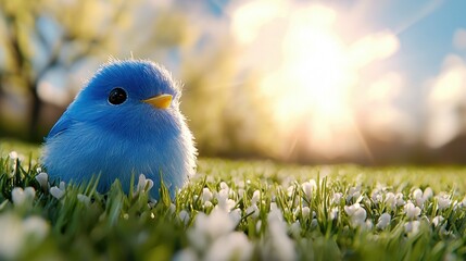 Wall Mural - A small blue bird sitting on top of a lush green field