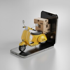 Poster - Yellow scooter carrying cardboard boxes emerges from a smartphone screen, symbolizing online delivery.