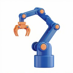 Poster - A 3D rendering of a blue robotic arm with an orange claw, isolated on a white background.