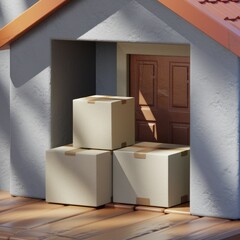 Poster - Three cardboard boxes delivered to a house porch, sunlight illuminating the scene.